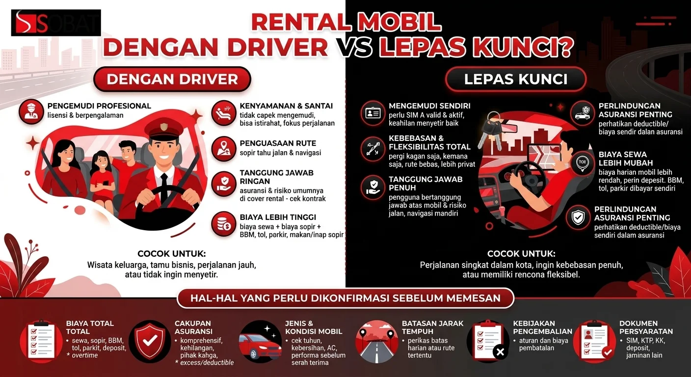 Infografik perbandingan rental mobil dengan driver dan lepas kunci